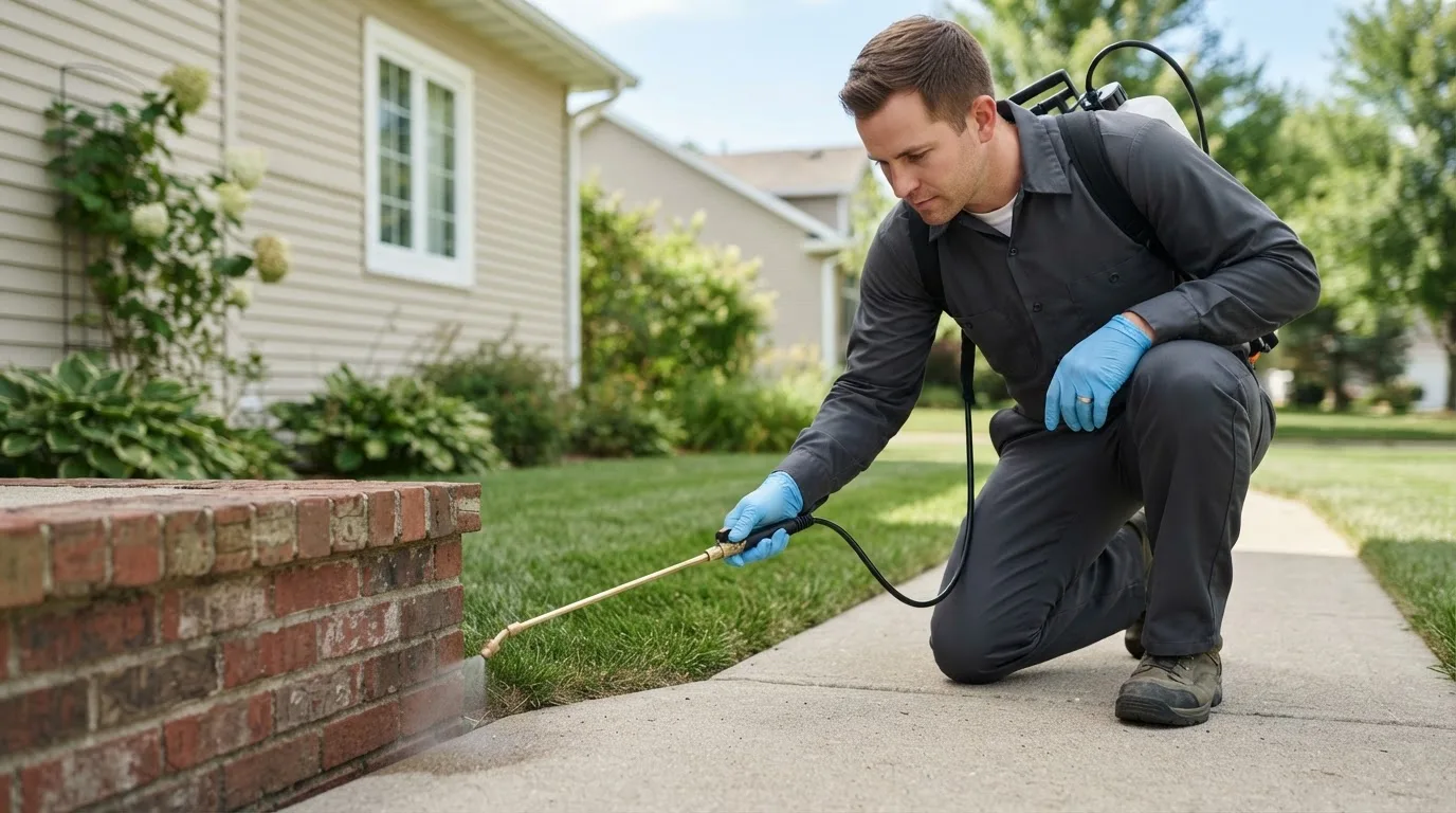 Pest control technician treating a home near Okoboji, IA